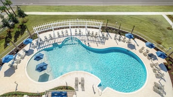 Outdoor pool, pool umbrellas, pool loungers