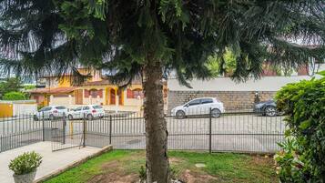 A residential area with a tree, a fence, and parked cars.