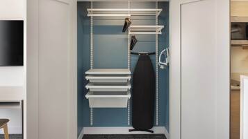Premium bedding, desk, blackout curtains, iron/ironing board