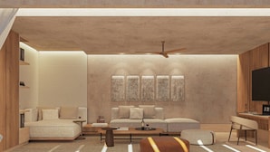 A modern living room with a sofa, coffee table, ottoman, and a television. - The St. Regis Costa Mujeres Resort, Cancun (Cancun)