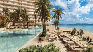 Private beach, white sand, sun-loungers, beach umbrellas