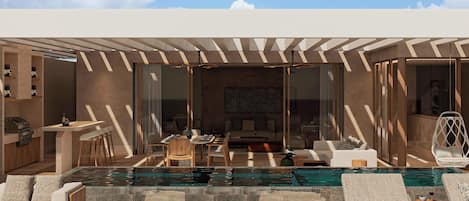 A modern outdoor pool area with lounge chairs, a dining set, and a seating area.