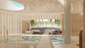 Un área de spa con dos piscinas, un muro de piedra y plantas colgantes.