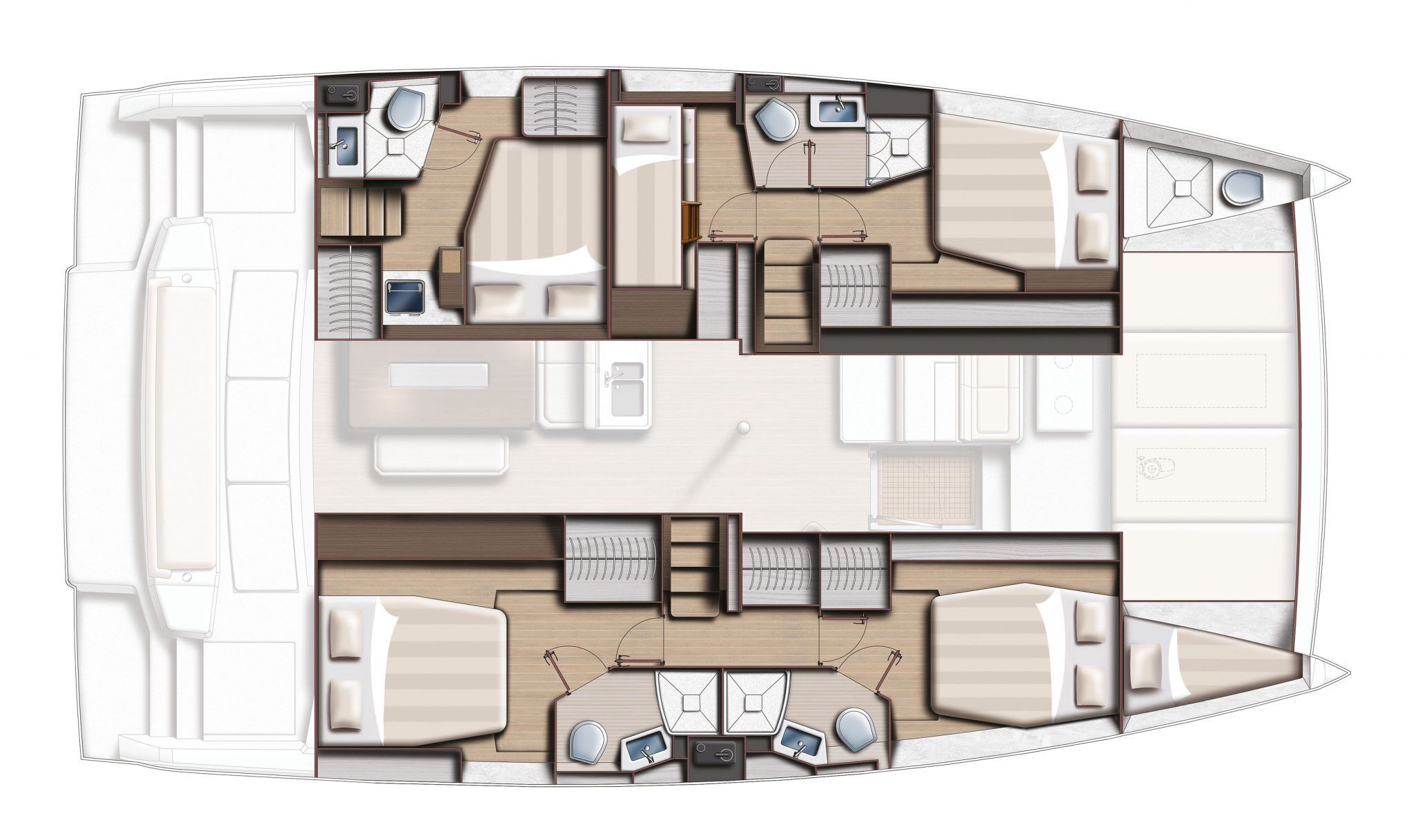 Un plan détaillé des aménagements intérieurs d’un yacht, indiquant la salle à manger, la cuisine, deux chambres et une salle de bain.