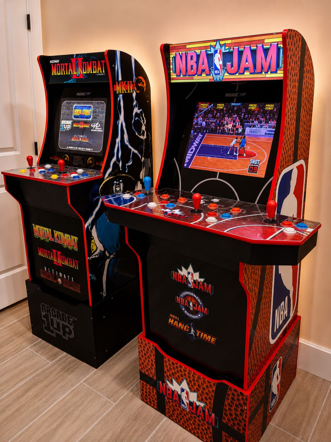 Two arcade machines, one for Mortal Kombat and one for NBA Jam, with a basketball game displayed on the screen.