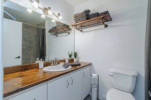 Hair dryer, towels, soap, toilet paper