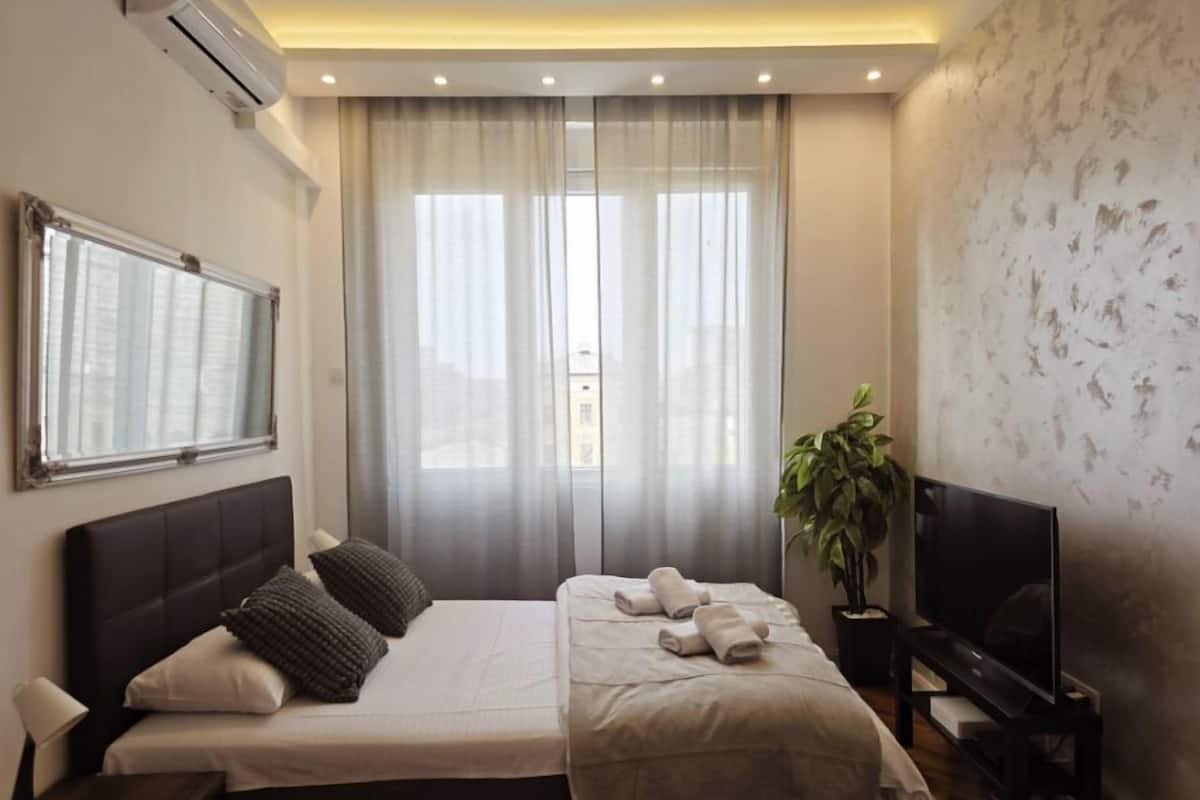 A hotel room with a bed, a TV, a potted plant, and a window with curtains.