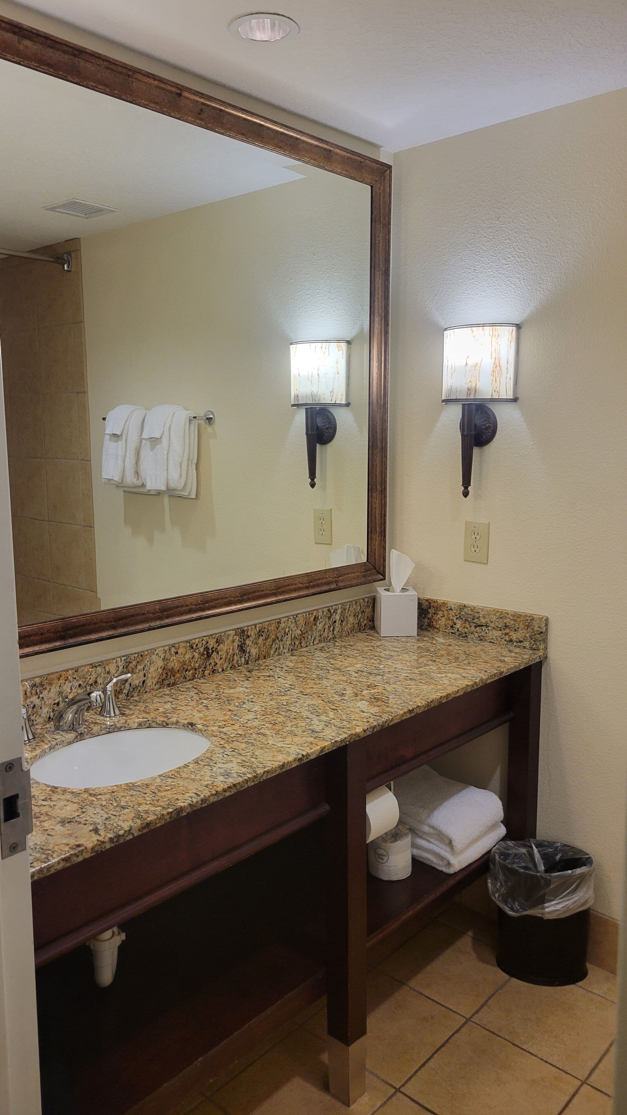 A bathroom with a large mirror, granite countertop, sink, towel rack, two wall-mounted lights, and a trash can.