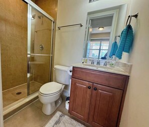Shower, hair dryer, shampoo