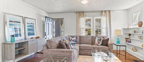 Una televisión, una chimenea, libros, una videoteca