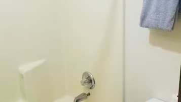 Hair dryer, towels, soap, toilet paper
