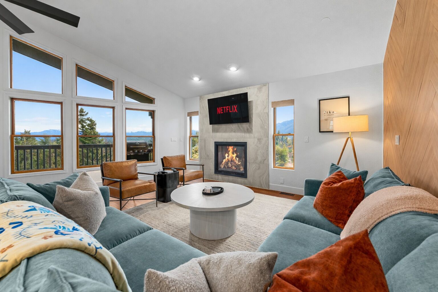 Smart TV, fireplace, foosball