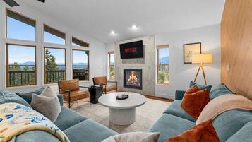 Smart TV, fireplace, foosball