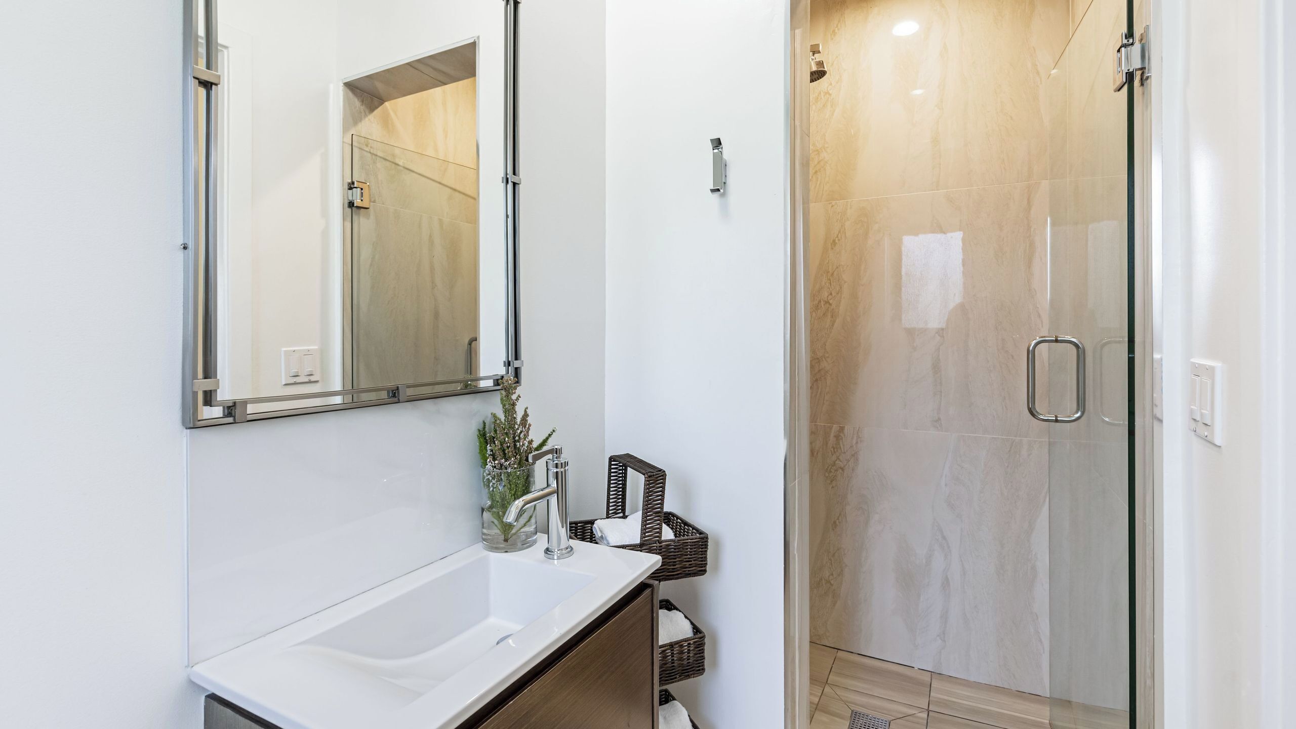 A modern bathroom with a white sink, a mirror, a shower with a glass door, and a small plant on the counter.