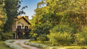 A house with a balcony, surrounded by lush greenery and a gravel path leading to the entrance. - Kite House - Ibiraquera - SC (Imbituba)