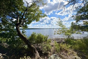 Un paysage naturel avec un lac, des arbres et un ciel dégagé.