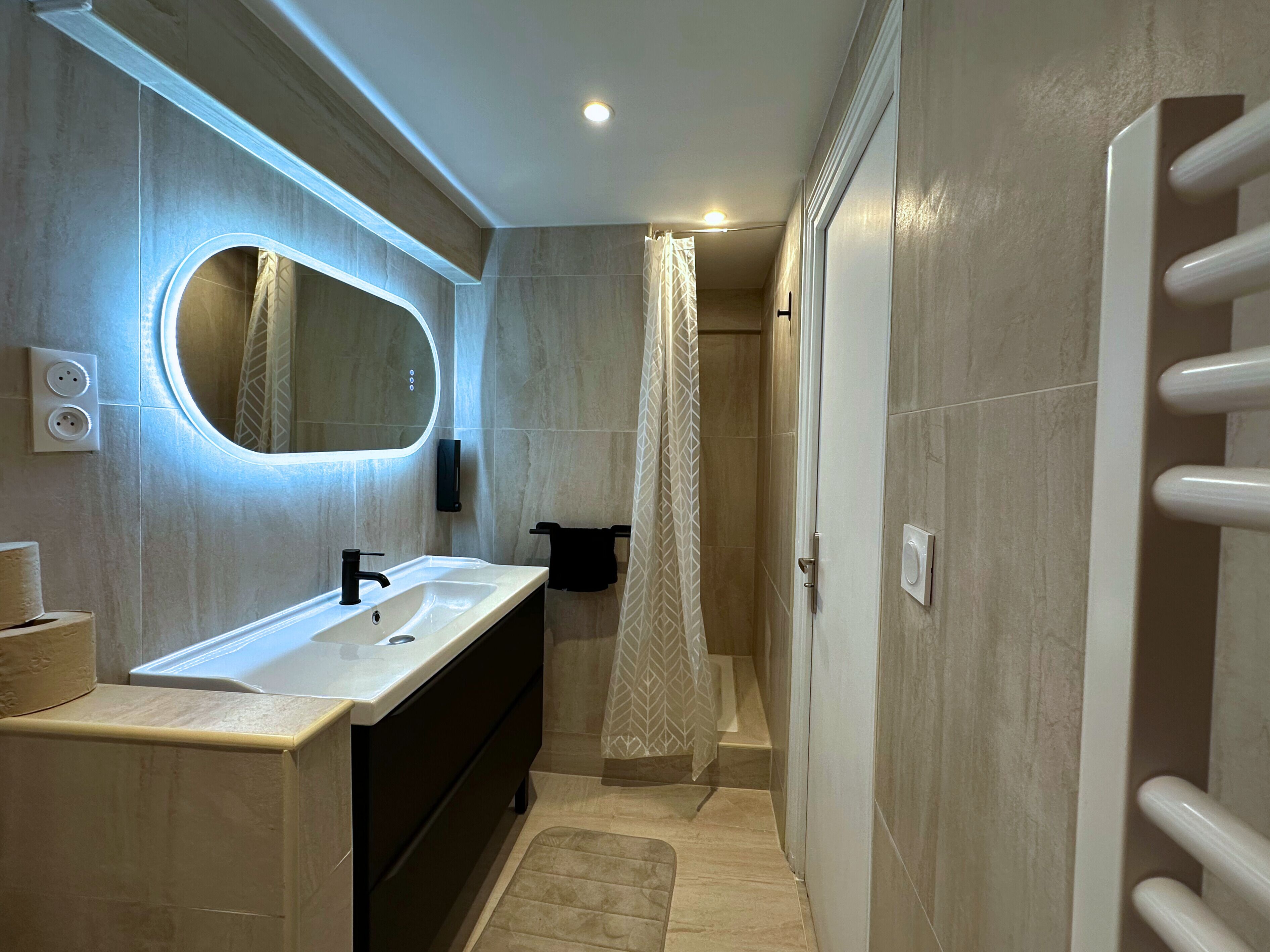 Hair dryer, towels, soap, toilet paper