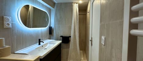 Hair dryer, towels, soap, toilet paper