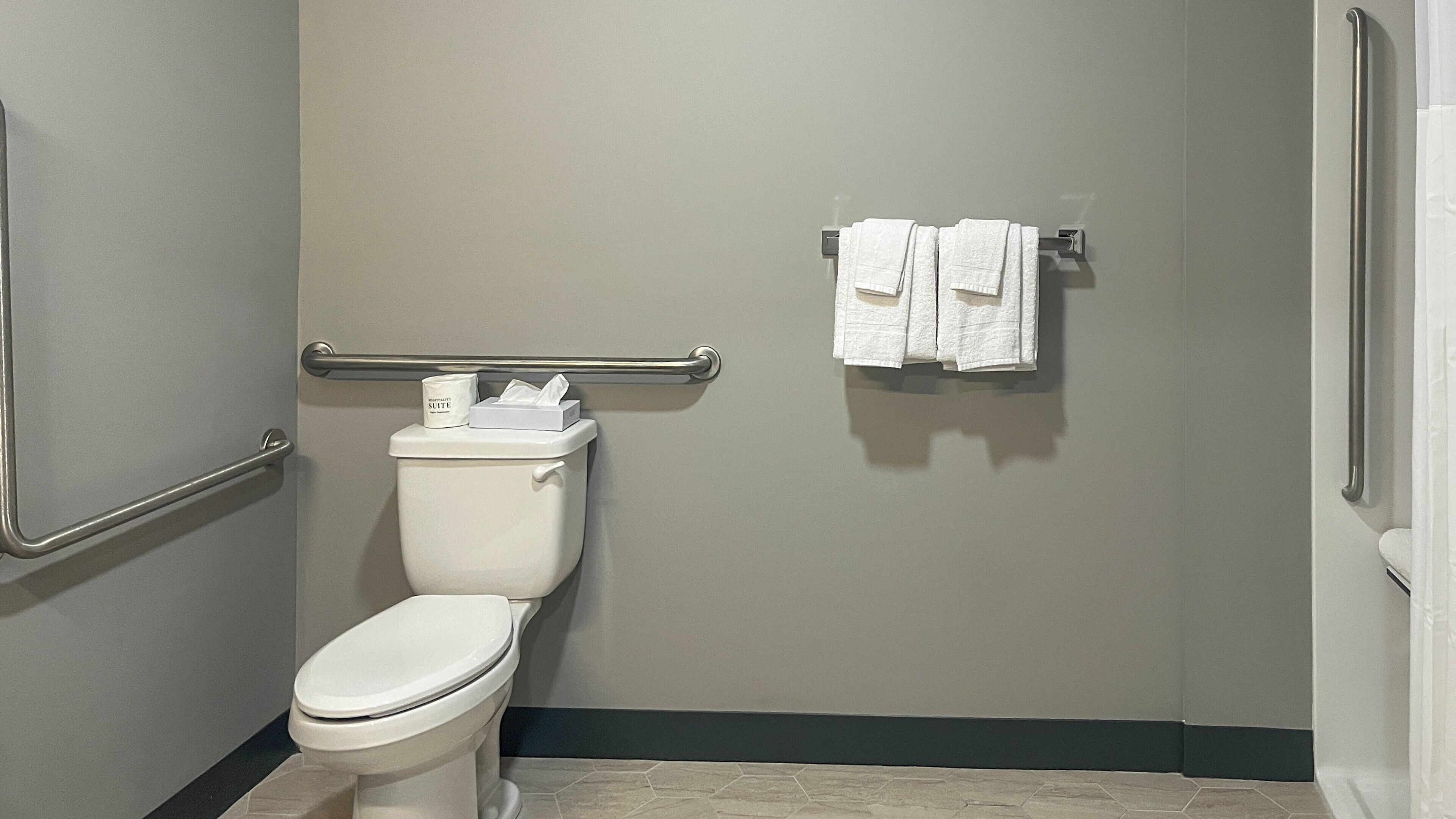 Un baño con inodoro blanco, barras de apoyo y un perchero con dos toallas.