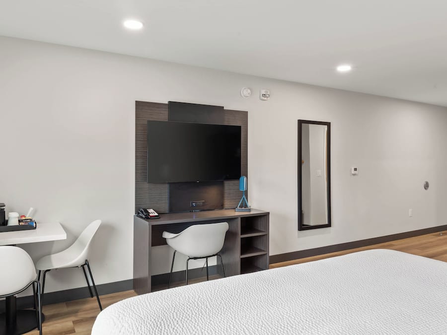 Une chambre d’hôtel comprenant un lit, un bureau avec une chaise, un téléviseur à écran plat et un miroir.