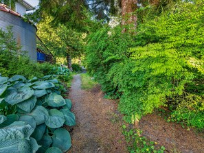 A gravel path flanked by lush greenery and a corrugated metal structure. - Waterfront private cabin just 5 miles from downtown Ketchikan (Ketchikan)