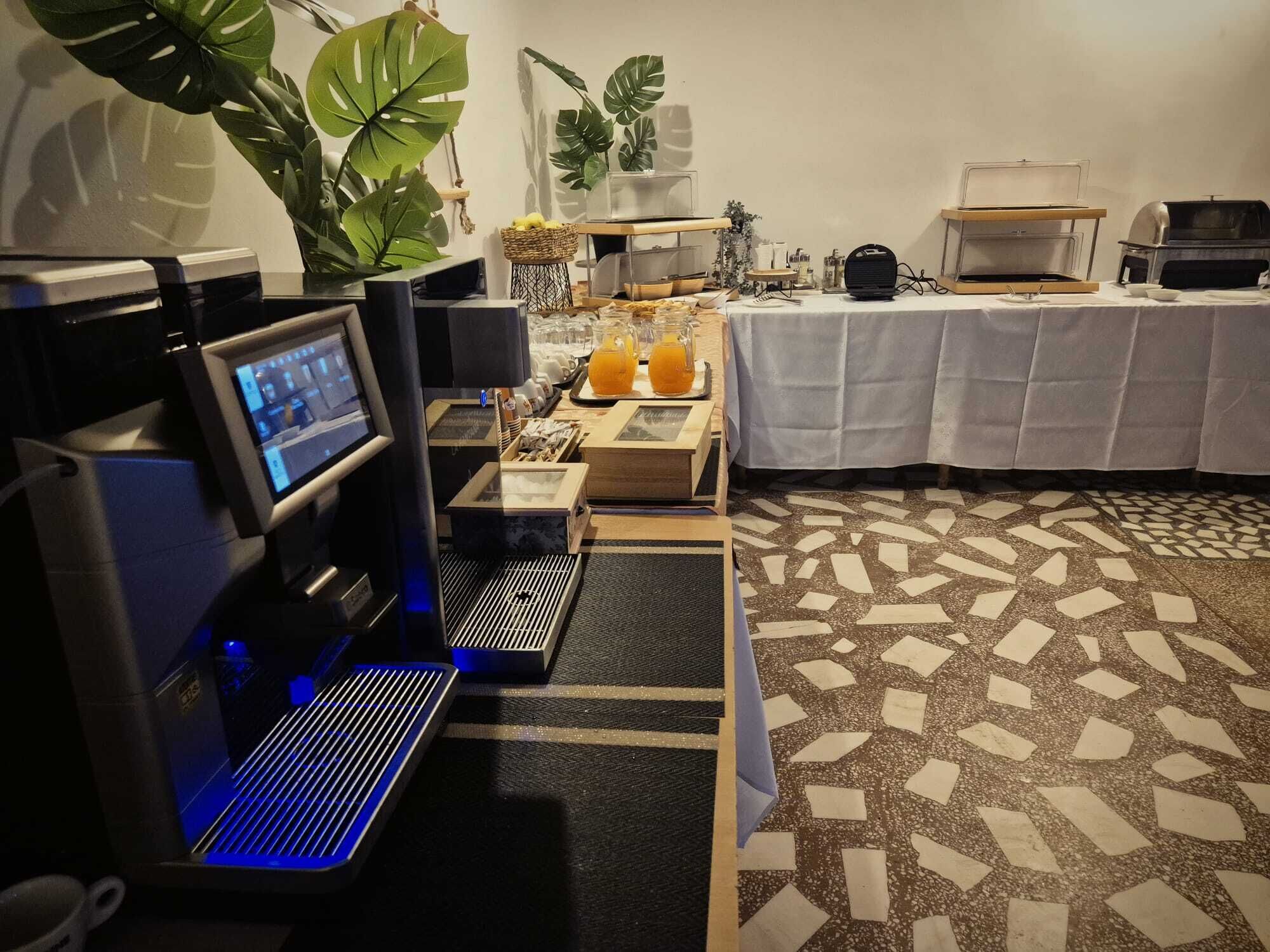 Habitación de hotel moderna con kitchenette, una planta grande, cafetera y preparación para desayuno.