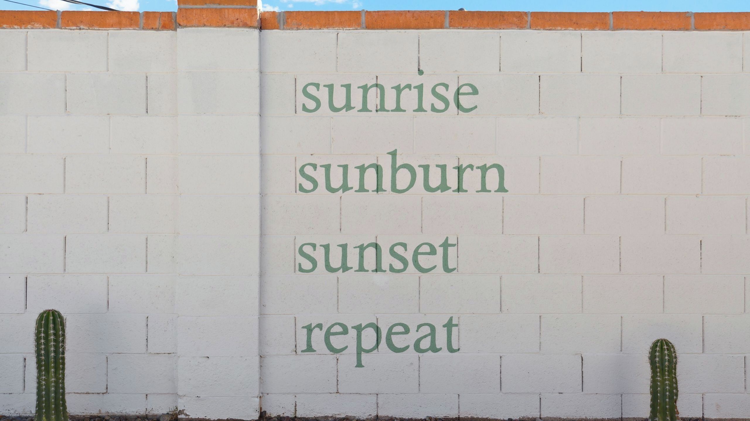 A wall with the words 'sunrise,' 'sunburn,' 'sunset,' and 'repeat' painted on it.