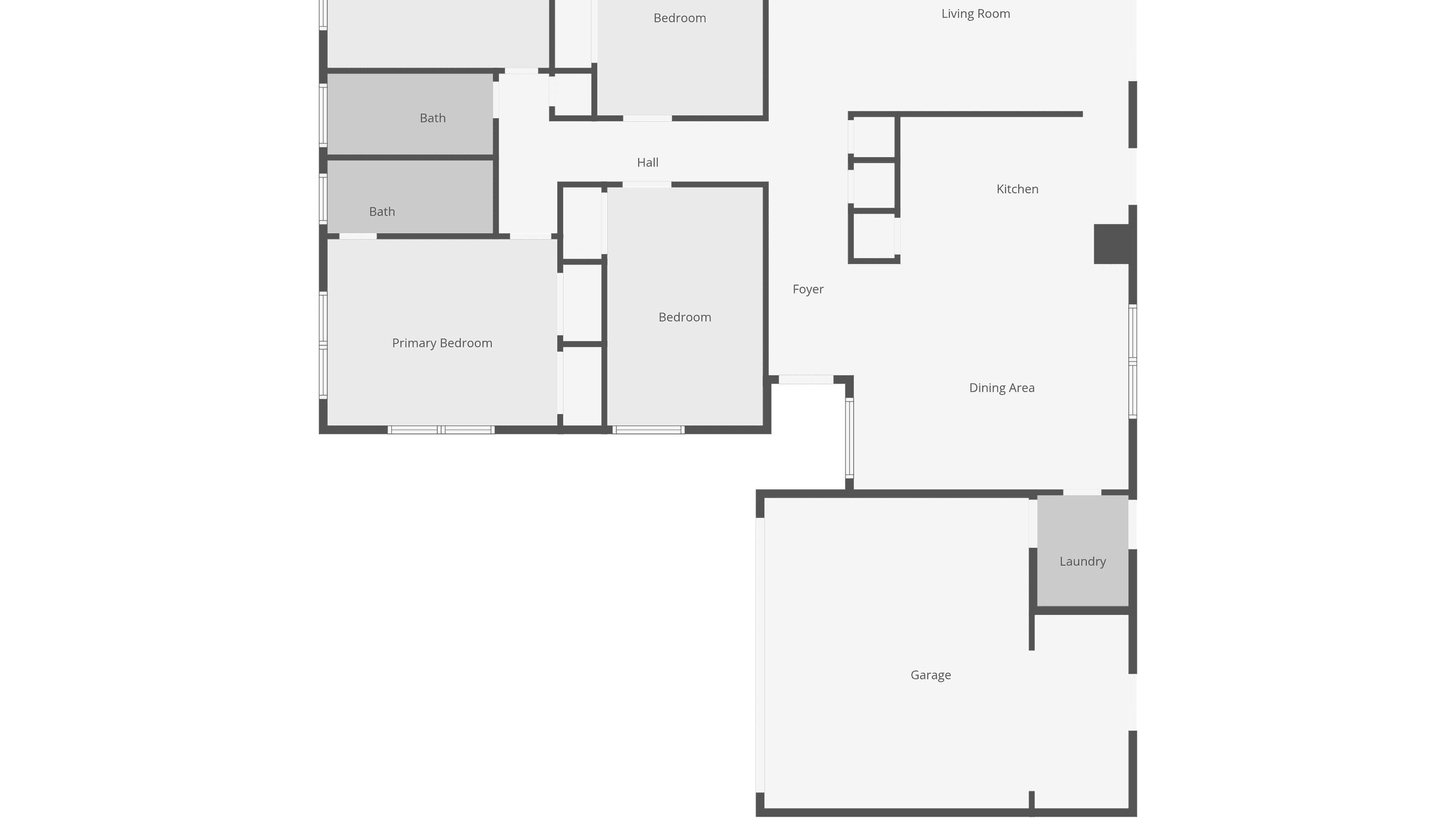 Un plan d’étage comprenant une chambre principale, deux salles de bain, un hall d’entrée, une chambre, un coin repas, une cuisine, une buanderie et un garage.