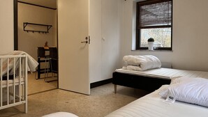 Une chambre avec deux lits, un berceau, une chaise et une fenêtre avec des stores.