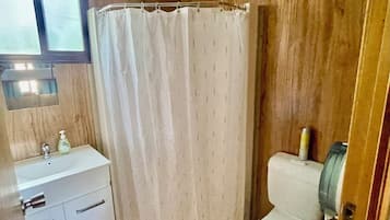Shower, towels, soap, toilet paper