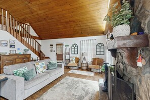 Televisión, chimenea y libros 