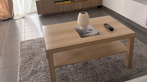 A modern living room with a wooden coffee table, a remote control, and a vase on a placemat. - House near Bordeaux, 3 minutes from the ARENA (Bouliac)