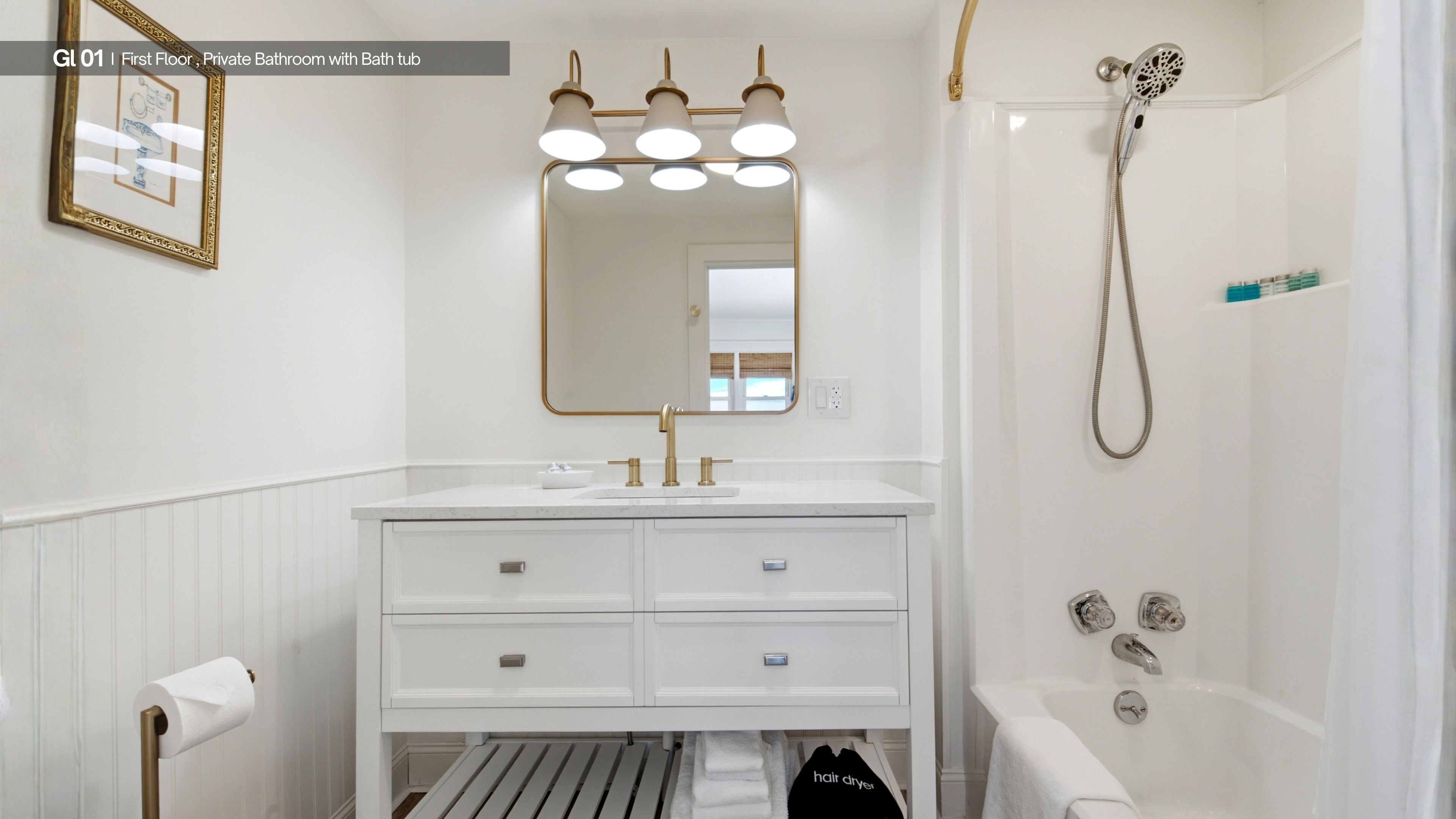 Hair dryer, towels, soap, shampoo