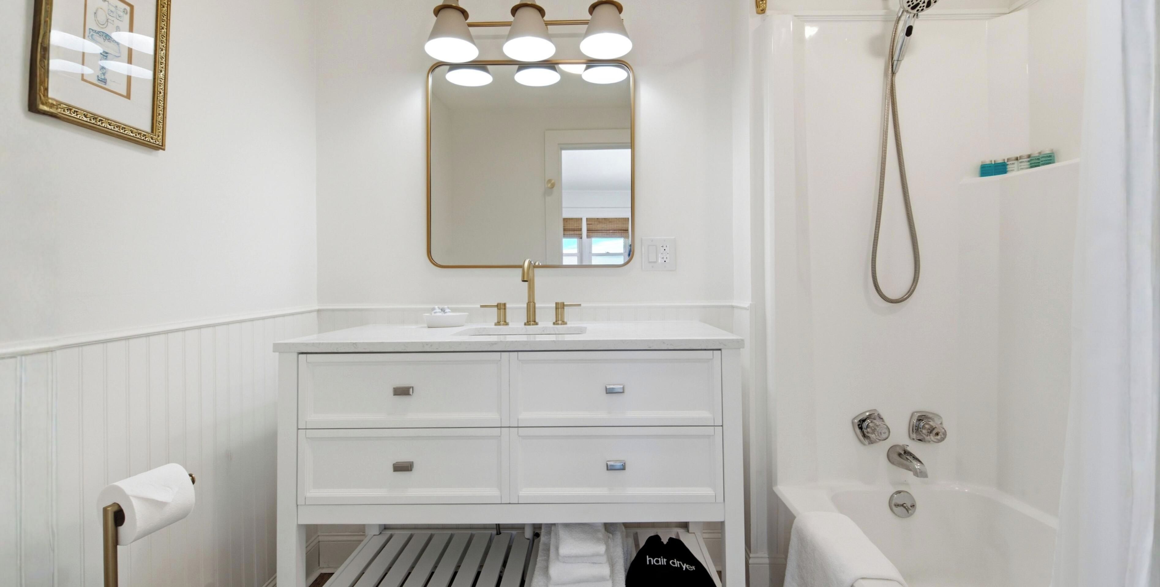 Hair dryer, towels, soap, shampoo