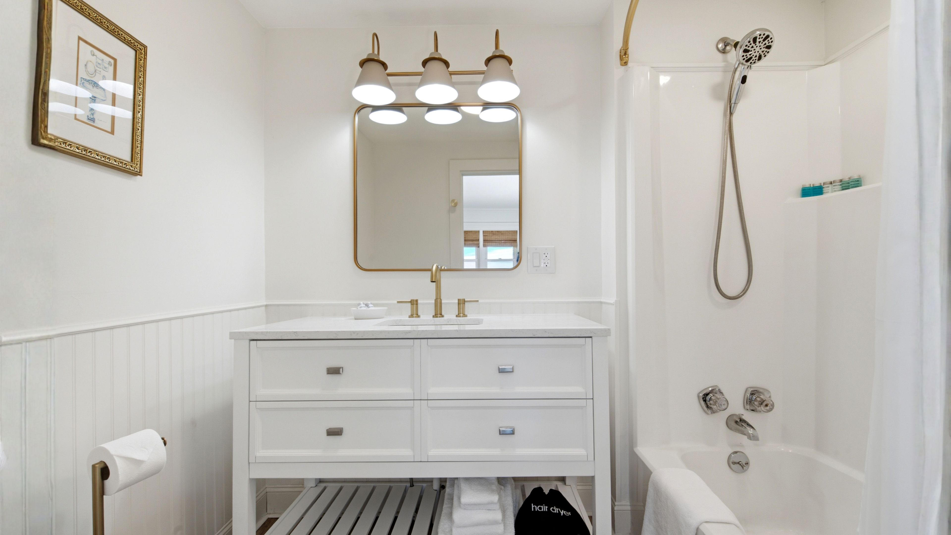 Hair dryer, towels, soap, shampoo