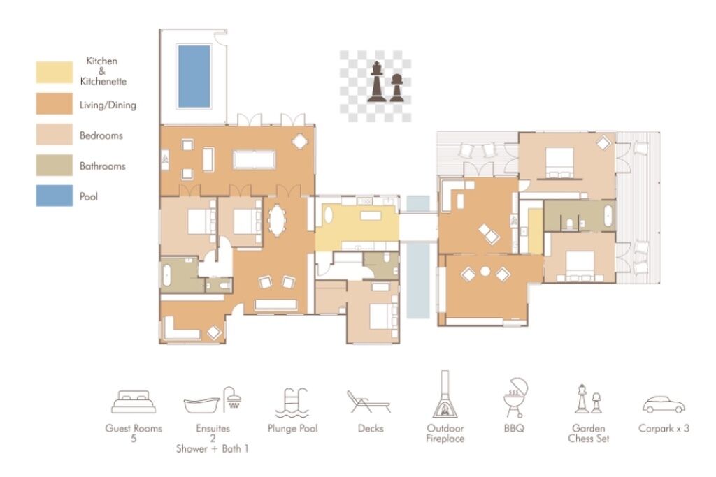 A floor plan of a hotel with guest rooms, a kitchen, dining area, bedrooms, bathrooms, and a pool.
