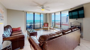 Living area - Oceanfront Corner Condo w/ Balcony, Pool, & Rocket Launch Views (Daytona Beach)