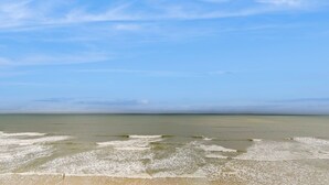 Vista da praia com céu limpo e águas calmas.