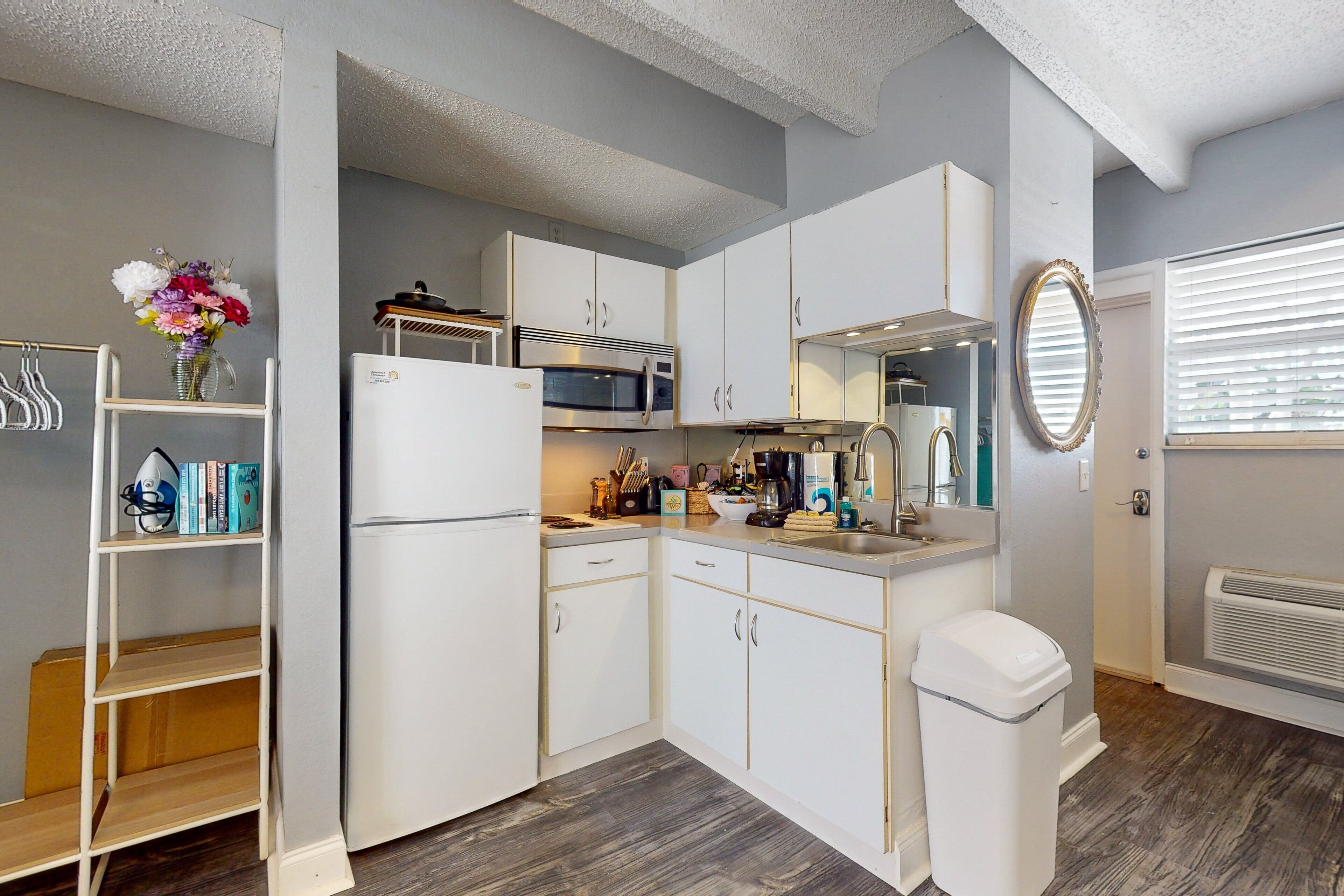 Microwave, stovetop, coffee/tea maker, toaster