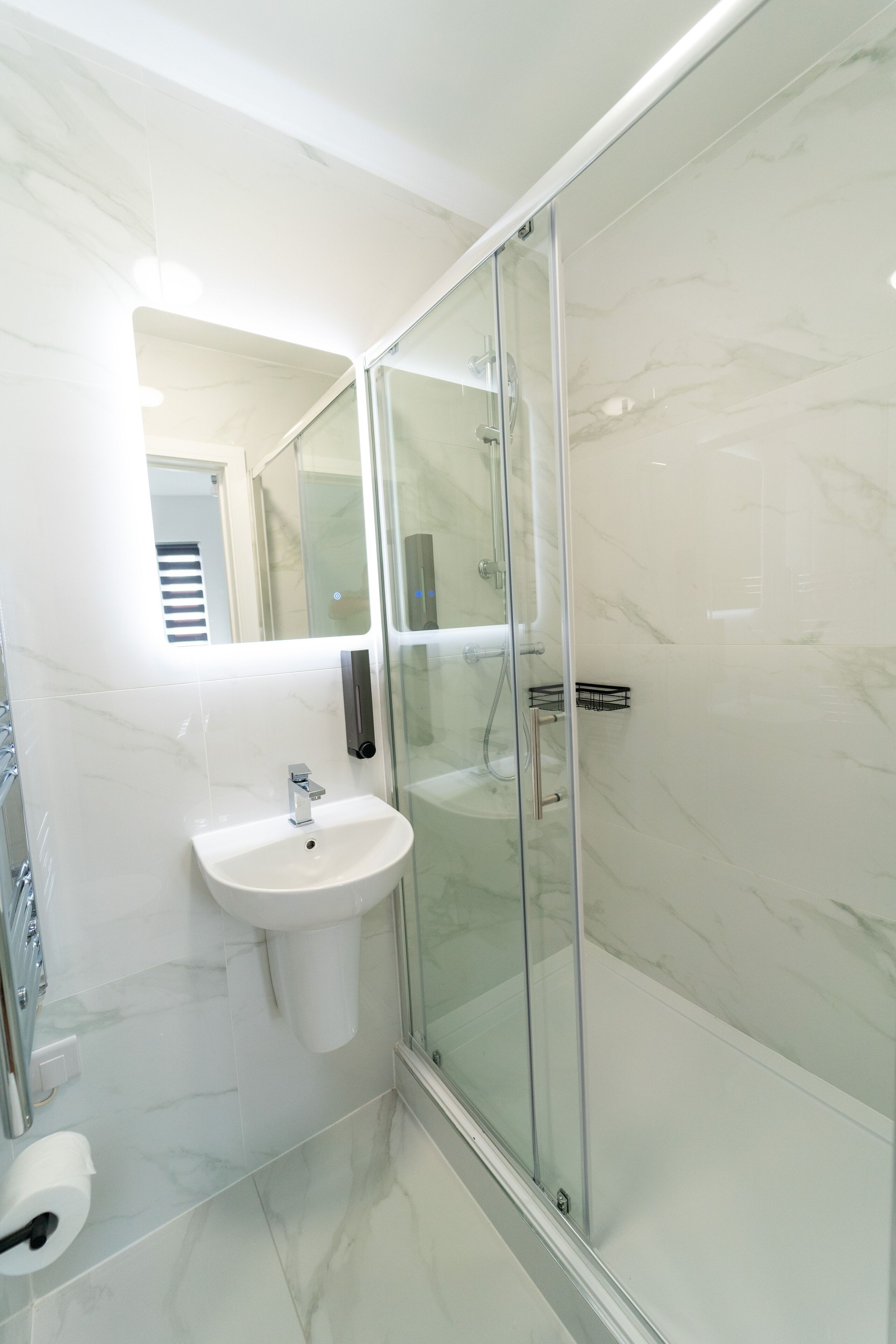 Shower, free toiletries, hair dryer, towels