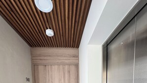 A hallway with a wooden door marked '501', a doormat, and a metallic elevator door. - Beautiful 2-bedroom apartment with terrace in Mexico City (Ciudad de México)
