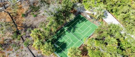 The court lies in a hammock of oaks and palms, waiting for your first serve.