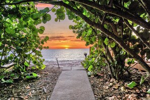 A pathway leading to a beach with a sunset view, surrounded by lush greenery. - Gulf Front Escape at a Beach Resort, Pet Friendly (Englewood)
