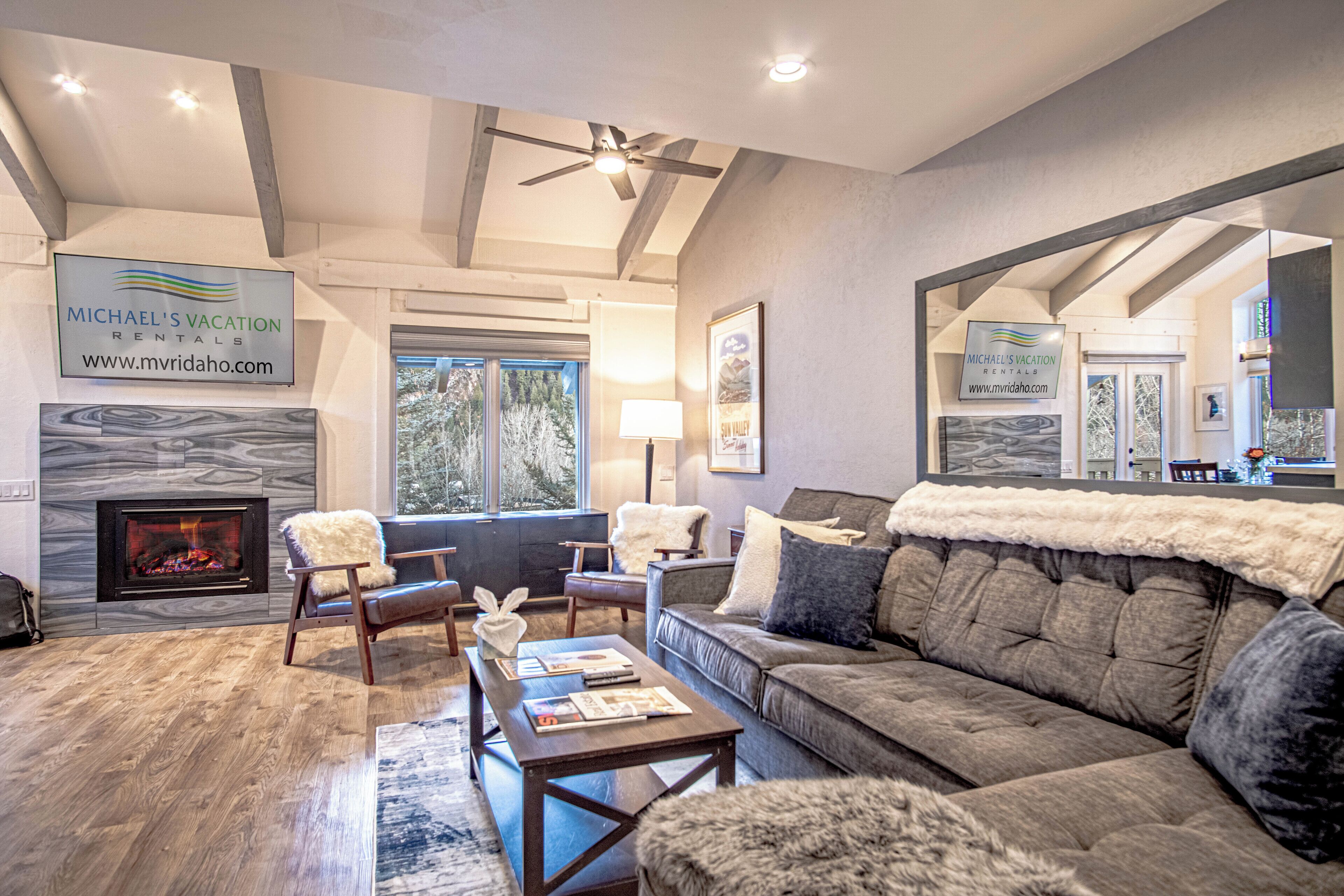 Smart TV, fireplace, books