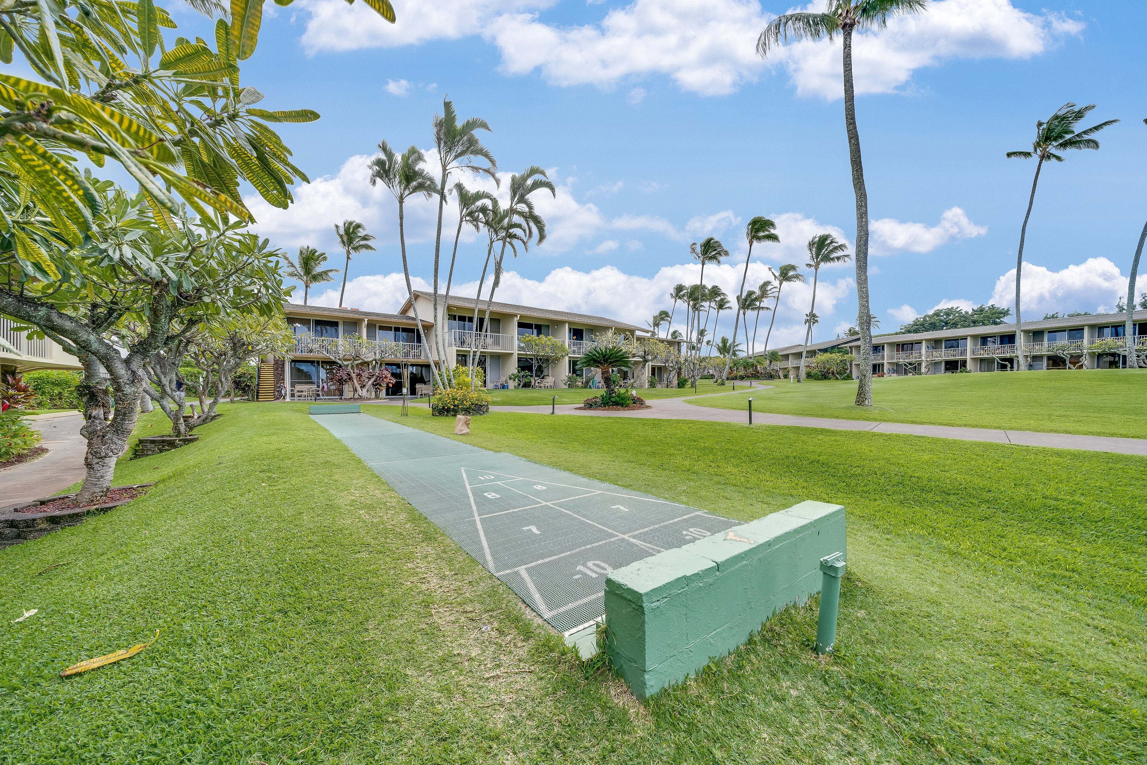 Ein grüner Shuffleboard-Spielfeld, Palmen und ein Gebäude mit Balkonen.
