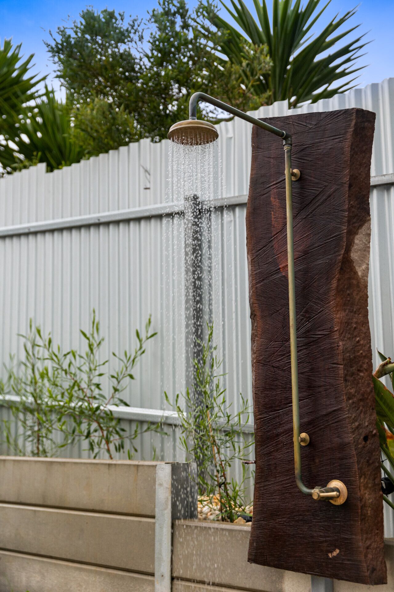 Un cabezal de ducha fijado a un panel de madera vertical con un pomo metálico.