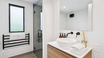 Shower, hair dryer, towels