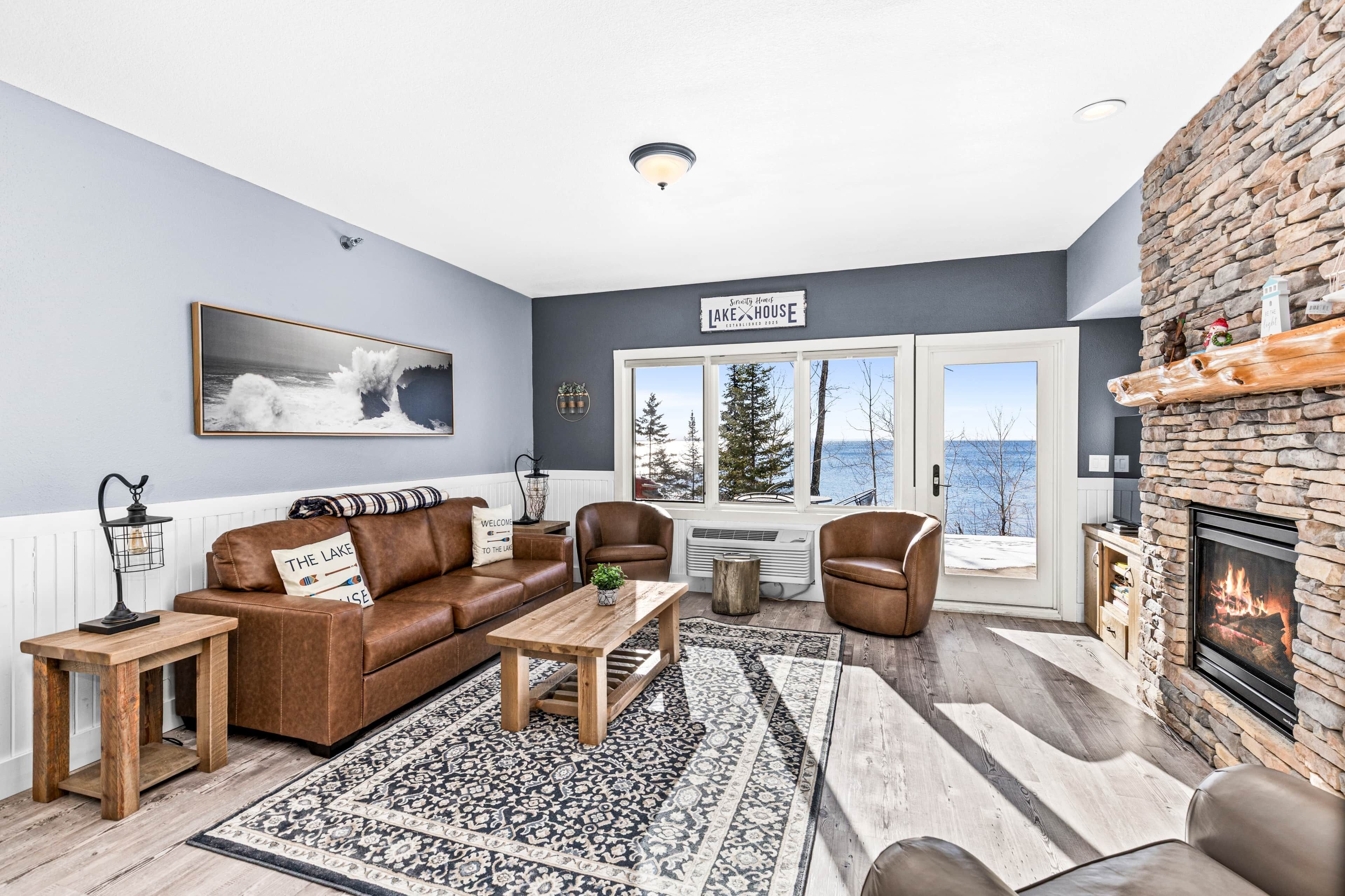 Smart TV, fireplace, books