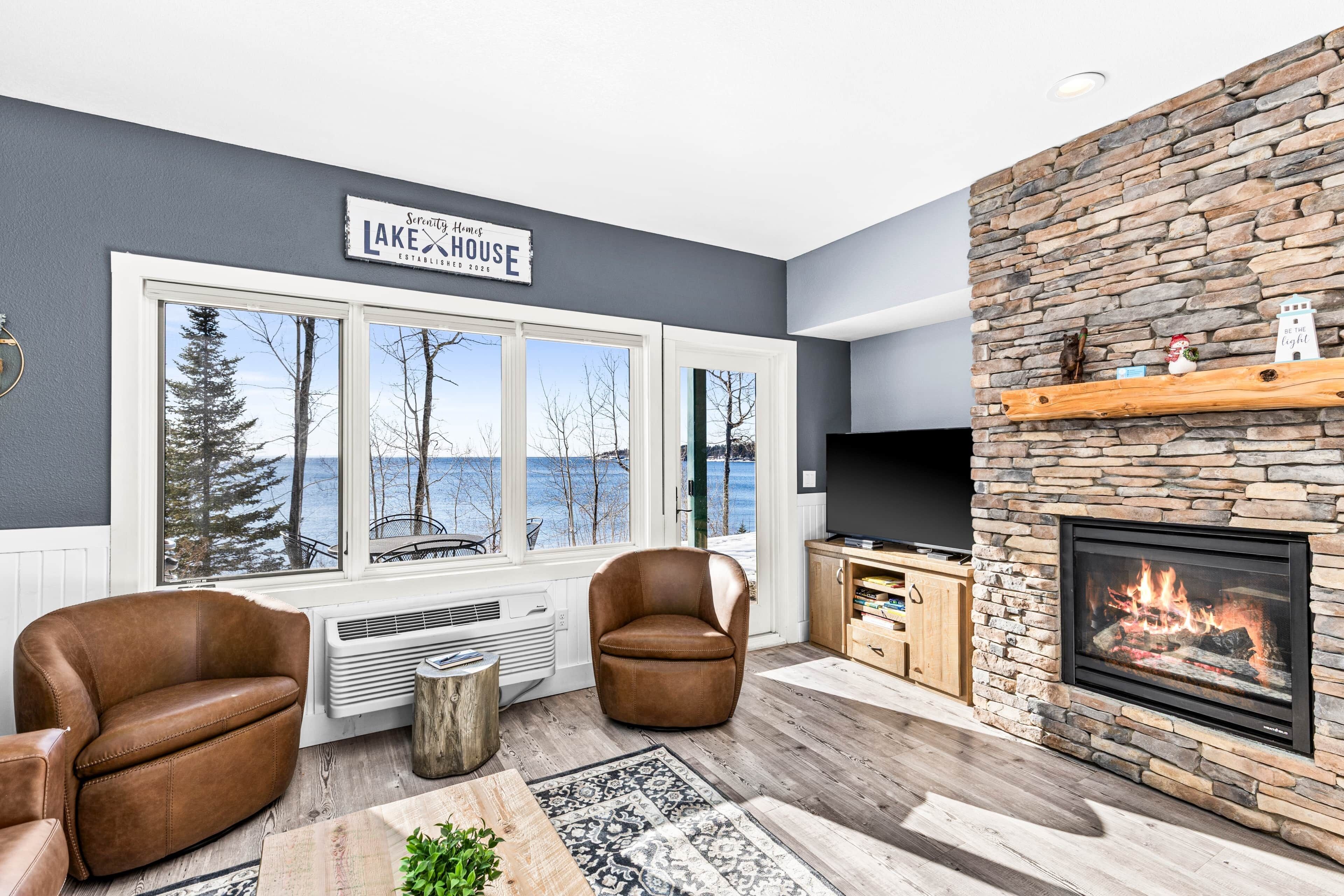 Smart TV, fireplace, books