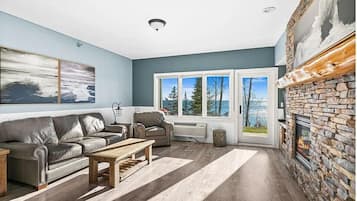 Smart TV, fireplace, books